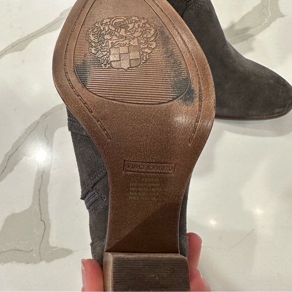 VINCE CAMUTO Grey Suede Side Zip wooden Heel Booties - Picture 4 of 7